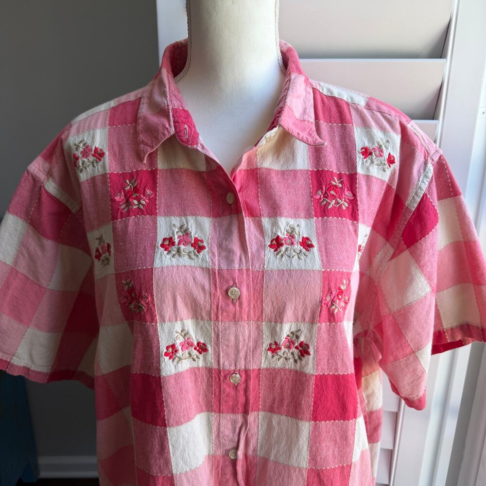 Vintage MAGGIE MAX Top Pink Plaid Button Front Cotton Embroidery Womens 3X - Picture 6 of 10